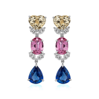 Fancy Shape Multicolor Sapphire and Diamond Drop Earrings in 18k White Gold